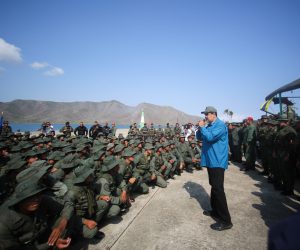 epa07341099 A handout picture provided by the Miraflores press office that shows Venezuelan President Nicolas Maduro (C) during an event with members of the military, in Turiamo, Venezuela, 03 February 2019, where he asked the troops to take care of the 'union' and 'loyalty' to the National Amerd Forces.  EPA/PRENSA MIRAFLORES HANDOUT  HANDOUT EDITORIAL USE ONLY/NO SALES