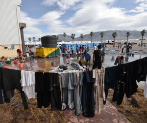 epa07341365 A view of clothes hanged up at one of the shelters prepared by Coahuila's authorities, in Saltillo, Mexico, 03 February 2019, where over a thousand migrants arrived today  EPA/Miguel Sierra