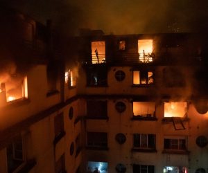 epa07344669 A handout photo made available by the Paris Fire Brigade (BSPP) shows a fire raging at an apartment in the 16th district of western Paris, France, early 05 February 2019. Eight people have been killed and 30 others have been injured in the fire after it broke out in the early hours of 05 February. The initial investigation suggests there blaze was of 'criminal' intention, according to the Paris prosecutor.  EPA/BENOIT MOSER / BSPP HANDOUT EDITORIAL USE ONLY / NO SALES HANDOUT EDITORIAL USE ONLY/NO SALES