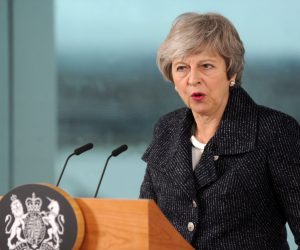 epa07345663 British Prime Minister Theresa May delivers a speech on Brexit in Belfast, Northern Ireland, 05 February 2019. May is expected to outline her plans to avoid a hard border with Ireland in her Brexit deal. The United Kingdom (UK) is leaving the European Union (EU) following a narrow in for Brexit in a referendum.  EPA/Aidan Crawley