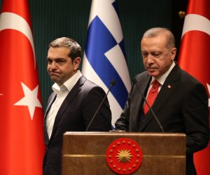 epa07345982 Turkish President Recep Tayyip Erdogan (R) and Greek Prime Minister Alexis Tsipras (L) attends a press conference after their meeting in Ankara, Turkey, 05 February 2019. Tsipras is in Turkey for a two-days official visit.  EPA/STR
