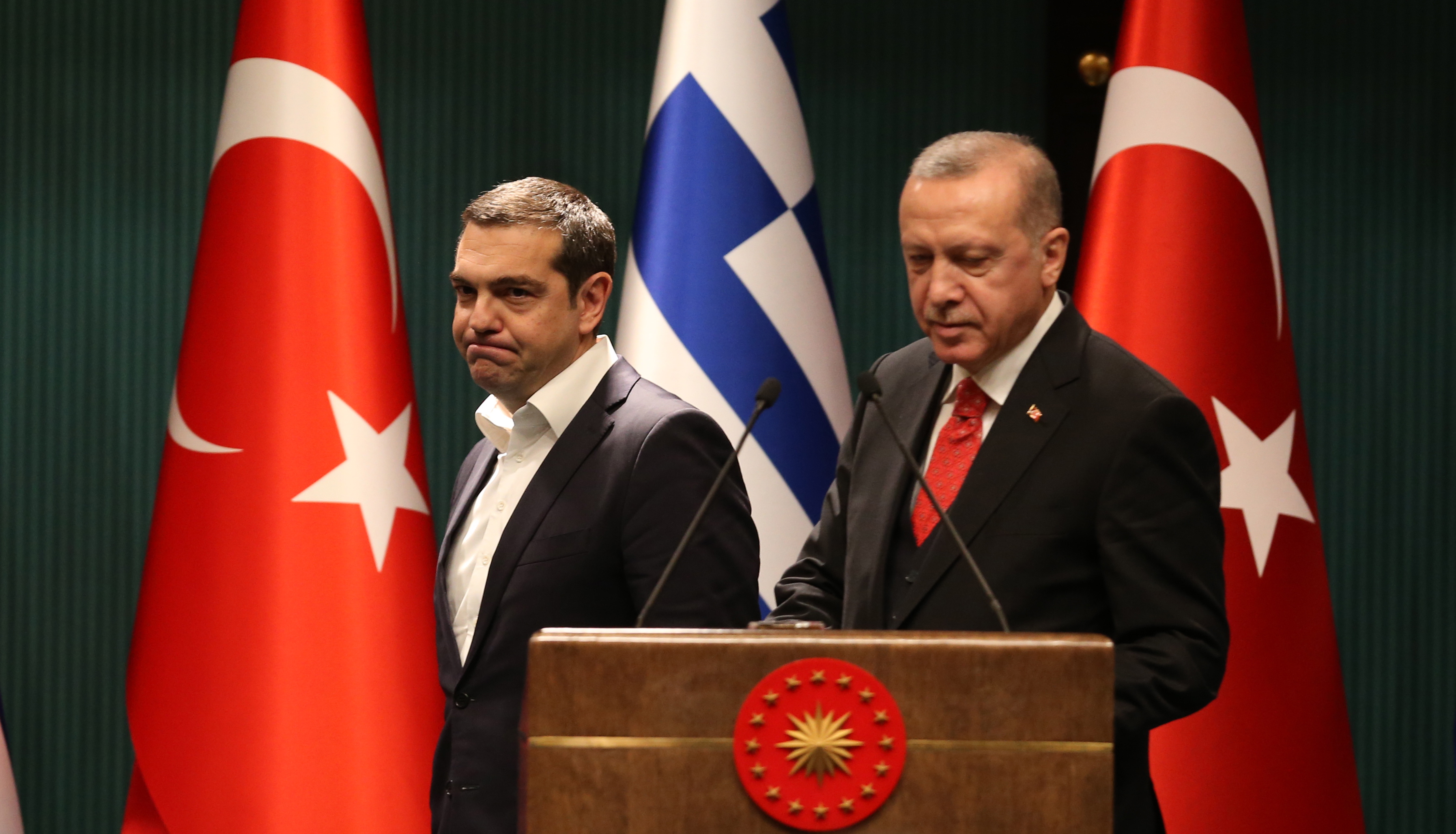 epa07345982 Turkish President Recep Tayyip Erdogan (R) and Greek Prime Minister Alexis Tsipras (L) attends a press conference after their meeting in Ankara, Turkey, 05 February 2019. Tsipras is in Turkey for a two-days official visit.  EPA/STR