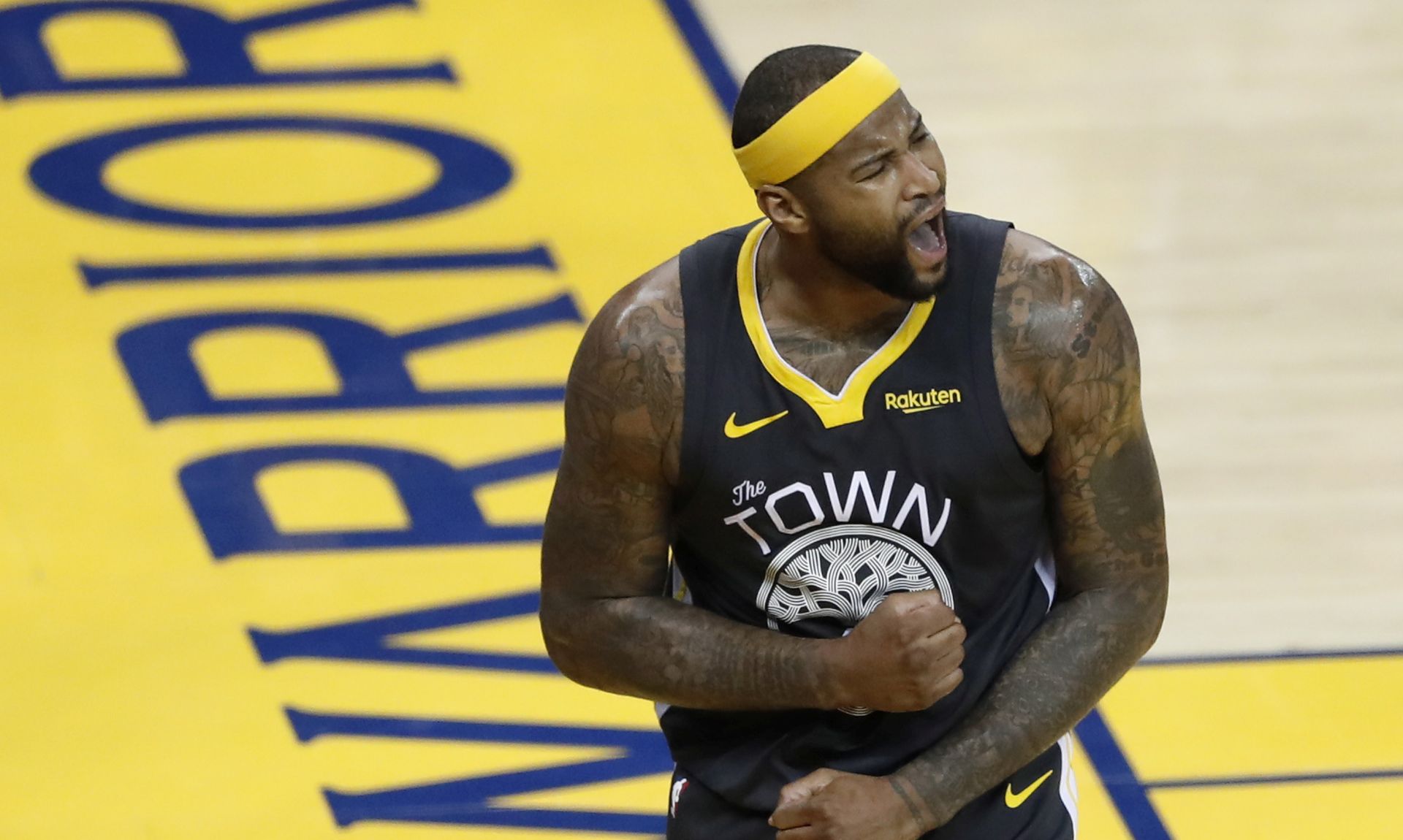 epa07349272 Golden State Warriors center DeMarcus Cousins reacts after drawing a foul by the San Antonio Spurs during the second half of their game at Oracle Arena in Oakland, California, 06 February 2019.  EPA/JOHN G. MABANGLO SHUTTERSTOCK OUT