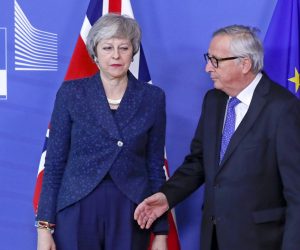 epa07349551 British Prime Minister Theresa May (L) is welcomed by European commission President Jean-Claude Juncker (R) ahead to a meeting on Brexit in Brussels, Belgium, 07 February 2019. May is in Brussels to discuss Brexit and related issues.  EPA/OLIVIER HOSLET