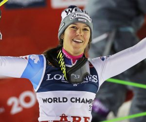 epa07353037 Wendy Holdener of Switzerland celebrates in the finish area after winning the women's Alpine Combined race at the FIS Alpine Skiing World Championships in Are, Sweden, 08 February 2019.  EPA/VALDRIN XHEMAJ
