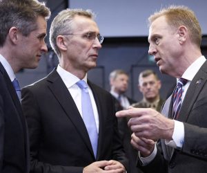 epa07368512 (L-R) British Defense Minister Gavin Williamson, NATO's Secretary General Jens Stoltenberg and Acting US Defence Secretary Patrick Shanahan during NATO defense ministers meeting at NATO headquarters in Brussels, Belgium, 14 February 2019. Members of the defense alliance were to discuss current security issues, including Russia's violation of the INF (Intermediate-Range Nuclear Forces) Treaty, as well as to review its missions in Afghanistan, Kosovo, Iraq and other areas, NATO said.  EPA/OLIVIER HOSLET