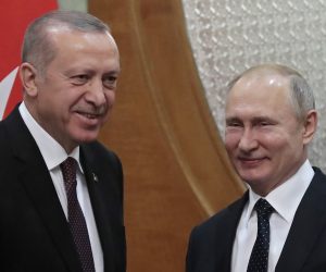 epa07368950 Turkish President Recep Tayyip Erdogan (L) and Russian President Vladimir Putin (R) smile during their meeting in the Black sea resort of Sochi, Russia, 14 February 2019. The leaders of Russia, Turkey and Iran held in Sochi on 14 February their fourth trilateral meeting to discuss further joint steps with a view to a long-term peace settlement in Syria.  EPA/SERGEI CHIRIKOV