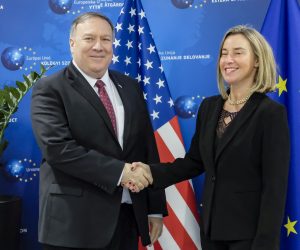 epa07371424 US Secretary of State Mike Pompeo (L) is welcomed by European Union foreign policy chief Federica Mogherini ahead of their meeting in Brussels, Belgium, 15 February 2019.  EPA/OLIVIER HOSLET