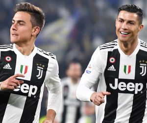epa07373454 Juventus's forward Paulo Dybala (L) jubilates with his teammate Cristiano Ronaldo after scoring the 1-0 lead during the Italian Serie A soccer match Juventus FC vs Frosinone at the Allianz stadium in Turin, Italy, 15 February 2019.  EPA/ALESSANDRO DI MARCO