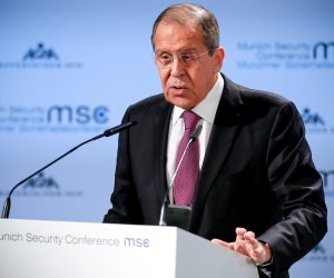 epa07374307 Russian Foreign Minister Sergei Lavrov delivers a speech during the 55th Munich Security Conference (MSC) in Munich, Germany, 16 February 2019. From 15 to 17 February, politicians, various experts and guests from all over the world will discuss global security issues in their annual meeting.  EPA/RONALD WITTEK
