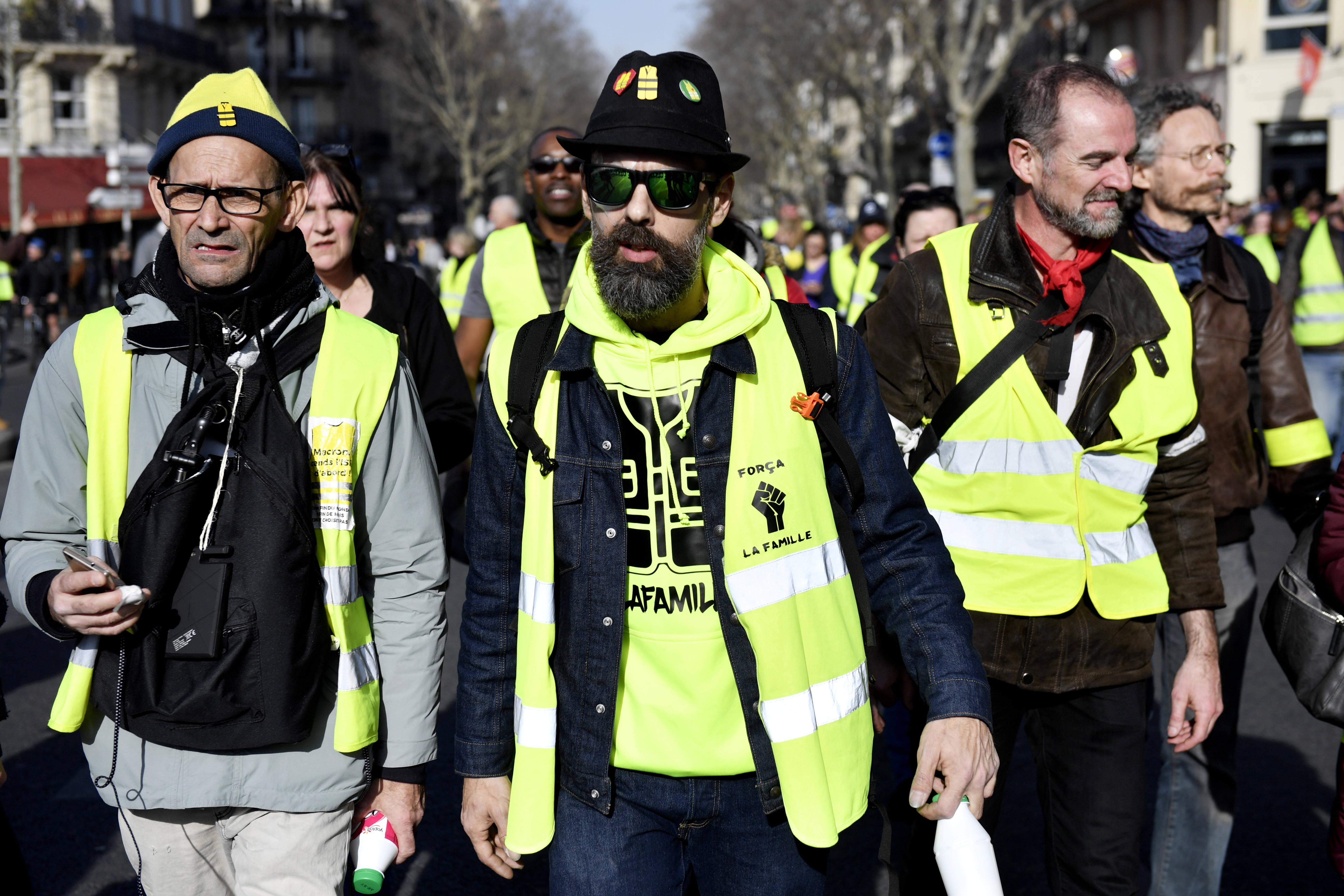 epa07374684 French activist Jerome Rodrigues (C) from the 'Gilets Jaunes' (Yellow Vests) movement participates in the 'Act XIV' demonstration (the 14th consecutive national protest on a Saturday) in Paris, France, 16 February 2019. The so-called 'Gilets Jaunes' is a grassroots protest movement with supporters from a wide span of the political spectrum, that originally started with protest across the nation in late 2018 against high fuel prices.  EPA/JULIEN DE ROSA