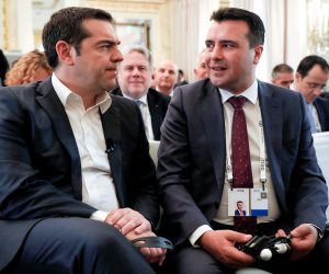 epa07374649 Greek Prime Minister Alexis Tsipras (L) and North Macedonian Prime Minister Zoran Zaev (R) attend a discussion session during the 55th Munich Security Conference (MSC) in Munich, Germany, 16 February 2019. From 15 to 17 February, politicians, various experts and guests from all over the world will discuss global security issues in their annual meeting.  EPA/RONALD WITTEK
