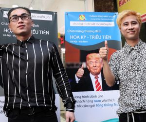 epa07383019 Two customers pose for a photo after having North Korean leader Kim Jong-un and US President Donald Trump haircuts style at a salon in Hanoi, Vietnam, 20 February 2019. Le Tuan Duong, the owner of a salon, has offered free Trump or Kim Jong-un hairstyles to any customer, a week before the two leader's second summit which will take place in Hanoi from 27 to 28 February 2019.  EPA/LUONG THAI LINH