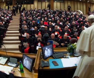 epa07385153 A handout picture taken with a fish eye lens provided by the Vatican Media shows Pope Francis attending opening session of a global child protection summit for reflections on the sex abuse crisis within the Catholic Church, at the Vatican, 21 February 2019. The gathering of church leaders from around the globe is taking place amid intense scrutiny of the Catholic Church's record after new allegations of abuse and cover-up last year sparked a credibility crisis for the hierarchy.  EPA/VATICAN MEDIA HANDOUT  HANDOUT EDITORIAL USE ONLY/NO SALES