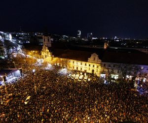 epa07385983 Thousands of people take part in a protest rally 'For decent Slovakia' on the first anniversary of the murder of Slovak journalist Jan Kuciak in Bratislava, Slovakia, 21 February 2019. Slovak journalist Jan Kuciak was shot dead together with his fiancee Martina Kusnirova in his home in Velka Maca, close to Bratislava, on 21 February 2018. The 27-year-old reporter was working for the Slovak news website actuality.sk and specializing on topics of tax evasion. Police suspected that the killing was linked to his investigations. Four people have been charged with the murder of an investigative journalist and his fiancee.  EPA/STRINGER