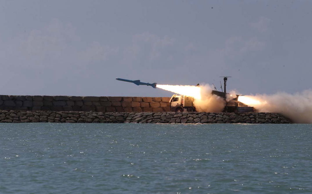 epa07389677 A handout photo made available by the Iranian Navy office shows Iranian navy test fires ground-to-ship short-range cruise missile Ghader during an Iranian navy military drill on the Sea of Oman, southern Iran, 23 February 2019. Media reported that Iran on 22 February began large-scale thre-days naval drills in the Gulf of Oman, with more than 100 vessels reported to be deployed.  EPA/Iranian Navy Office / HANDOUT  HANDOUT EDITORIAL USE ONLY/NO SALES