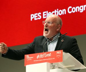 epa07390363 First Vice-President of European Commission and top candidate of the Party of European Socialists (PES) for Commission President Frans Timmermans delivers his speech on the last day of the European Socialist Party Convention taking place in Madrid, Spain, 23 February 2019.  EPA/KIKO HUESCA