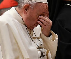 epa07391042 Pope Francis reacts as he takes part in a liturgical prayer along with cardinals within the third day of a landmark Vatican summit on tackling paedophilia in the clergy, at the Vatican, 23 February 2019.  EPA/VINCENZO PINTO / POOL