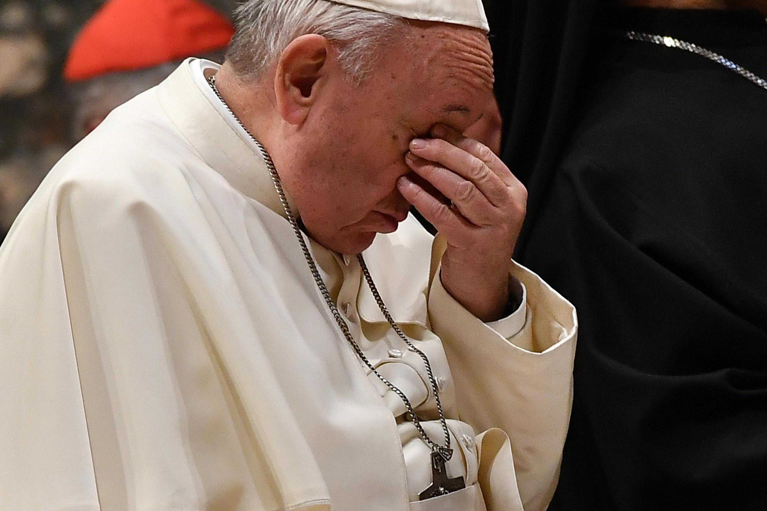 epa07391042 Pope Francis reacts as he takes part in a liturgical prayer along with cardinals within the third day of a landmark Vatican summit on tackling paedophilia in the clergy, at the Vatican, 23 February 2019.  EPA/VINCENZO PINTO / POOL
