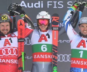 epa07392468 First placed Henrik Kristoffersen (C) of Norway celebrates on the podium next to second placed Marcel Hirscher of Austria (L) and third placed Thomas Fanara (R) of France after the Men's Giant Slalom at the FIS Alpine Skiing World Cup in Bansko, Bulgaria 24 February 2019.  EPA/GEORGI LICOVSKI