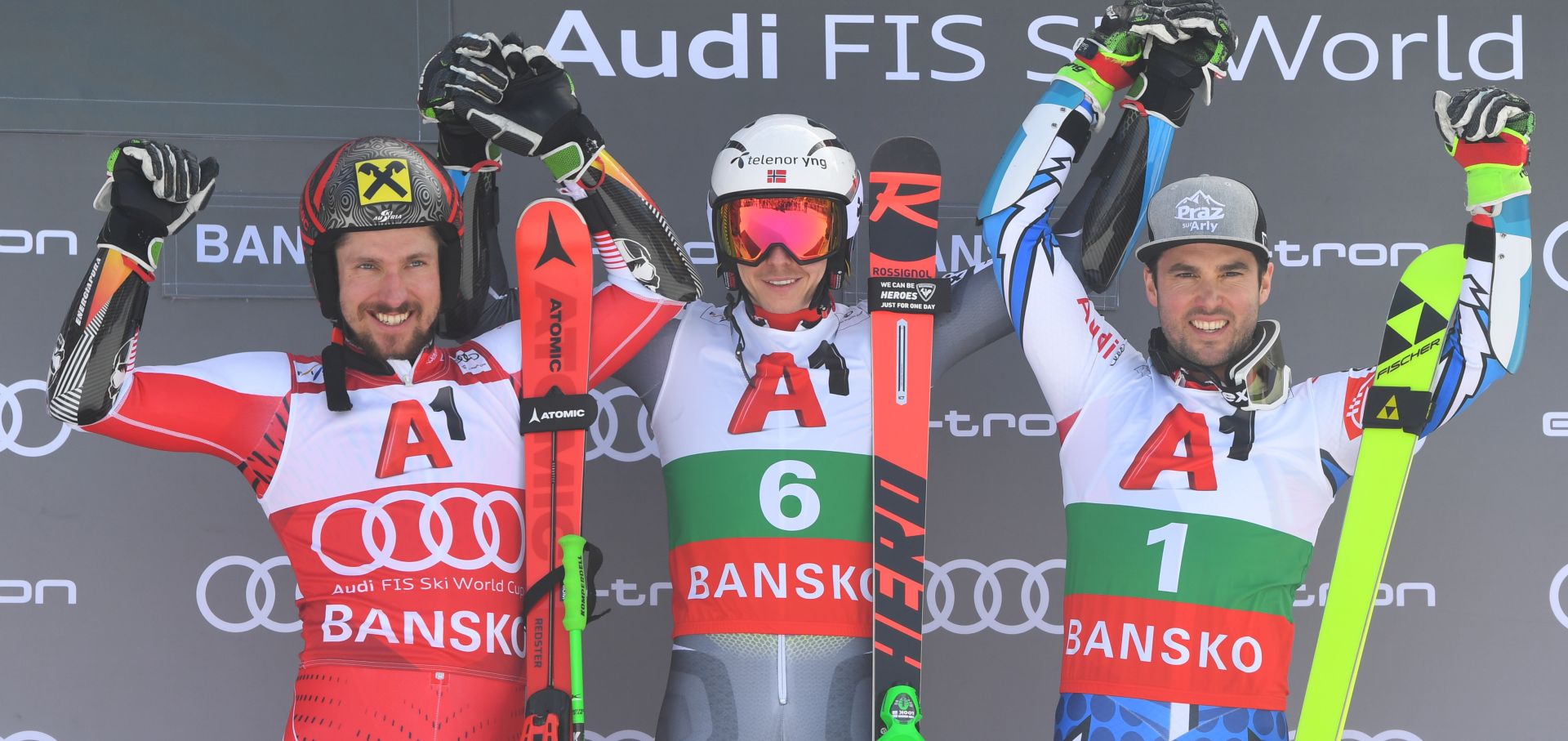 epa07392468 First placed Henrik Kristoffersen (C) of Norway celebrates on the podium next to second placed Marcel Hirscher of Austria (L) and third placed Thomas Fanara (R) of France after the Men's Giant Slalom at the FIS Alpine Skiing World Cup in Bansko, Bulgaria 24 February 2019.  EPA/GEORGI LICOVSKI