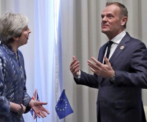 epa07393104 British Prime Minister Theresa May (L) and European Union Council President Donald Tusk (R) prior to a bilateral meeting on the sidelines of a summit of EU and Arab leaders at the Sharm El Sheikh convention center in Sharm El Sheikh, Egypt, 24 February, 2019. British Prime Minister Theresa May is set to hold Brexit talks with European Council President Donald Tusk ahead of a potentially pivotal week for her plans to lead her country out of the European Union.  EPA/Francisco Seco / POOL POOL