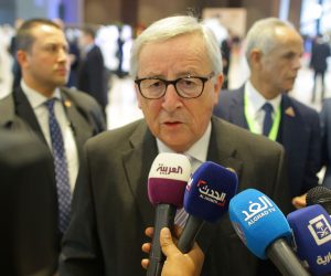 epa07393930 European Commission President Jean-Claude Juncker speaks to the media during the opening of the first LAS-EU Summit in Sharm el-Sheikh, Egypt, 24 February 2019. The European Union (EU) and League of Arab States (LAS) summit is held at the International Congress Centre in Sharm El-Sheikh between 24 and 25 February. The summit will for the first time bring together the heads of state or government from both organizations.  EPA/KHALED ELFIQI