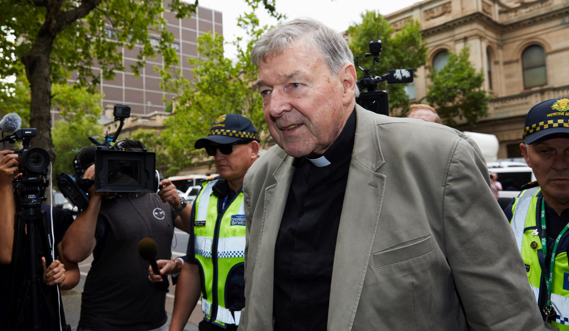 epa07397757 Cardinal George Pell arrives at the County Court in Melbourne, Australia, 26 February 2019. Australia's most senior Catholic Cardinal George Pell was found guilty on five charges of child sexual assault after an unanimous verdict on 11 December 2018, the results of which were under a suppression order until being lifted on 26 February 2019.  EPA/ERIK ANDERSON AUSTRALIA AND NEW ZEALAND OUT