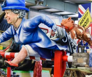 epa07398282 A carnival float depicting Brexit, Britain's Queen Elizabeth II with her Royal British dogs is presented by the Mainz Carnival Association during a media preview, in Mainz, Germany, 26 February 2019. The float will be one of the attractions of the Rose Monday carnival parade on 04 March. Mainz is one of the carnival strongholds in Germany with its Rose Monday parade jokingly criticising political and social developments.  EPA/HASAN BRATIC