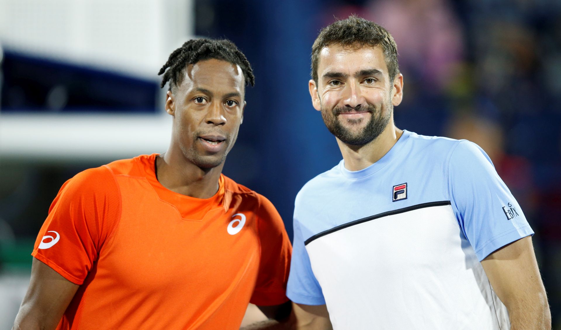 epa07399285 Marin Cilic (R) of Croatia poses before his first round match with Gael Monfils (L) of France at the Dubai Duty Free Tennis ATP Championships 2019 in Dubai, United Arab Emirates, 26 February 2019.  EPA/ALI HAIDER