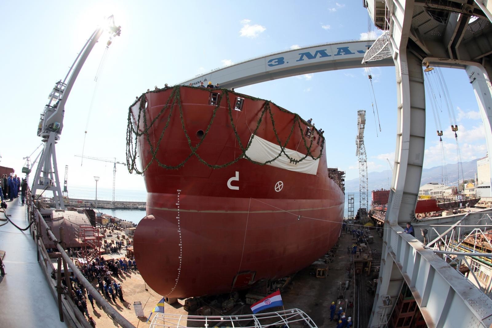 13.03.2012., Rijeka - U brodogradilistu 3Maj porinut je tanker za svedsku kompaniju Wisby Tankers.
Photo: Nel Pavletic/PIXSELL