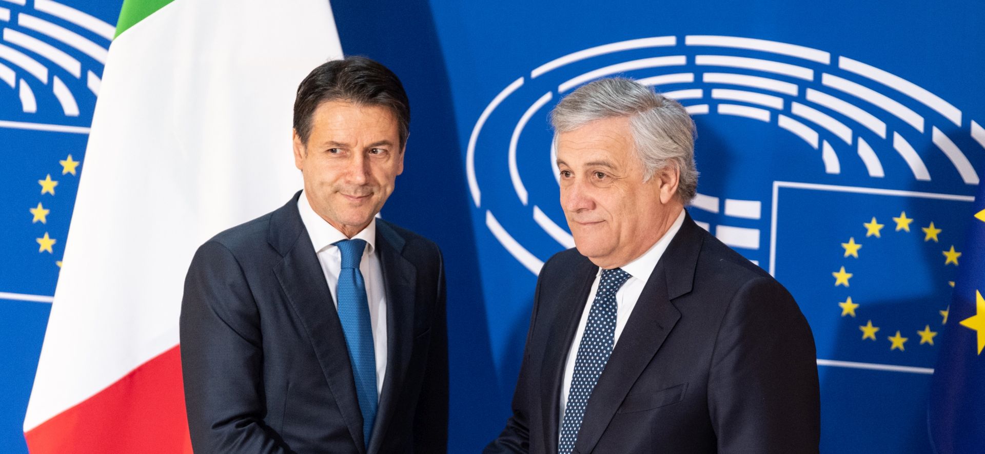 epa07364545 Italian Prime Minister Giuseppe Conte (L) is welcomed by Antonio Tajani (R), President of the European Parliament, at the European Parliament in Strasbourg, France, 12 February 2019. Conte debates on the Future of Europe.  EPA/PATRICK SEEGER