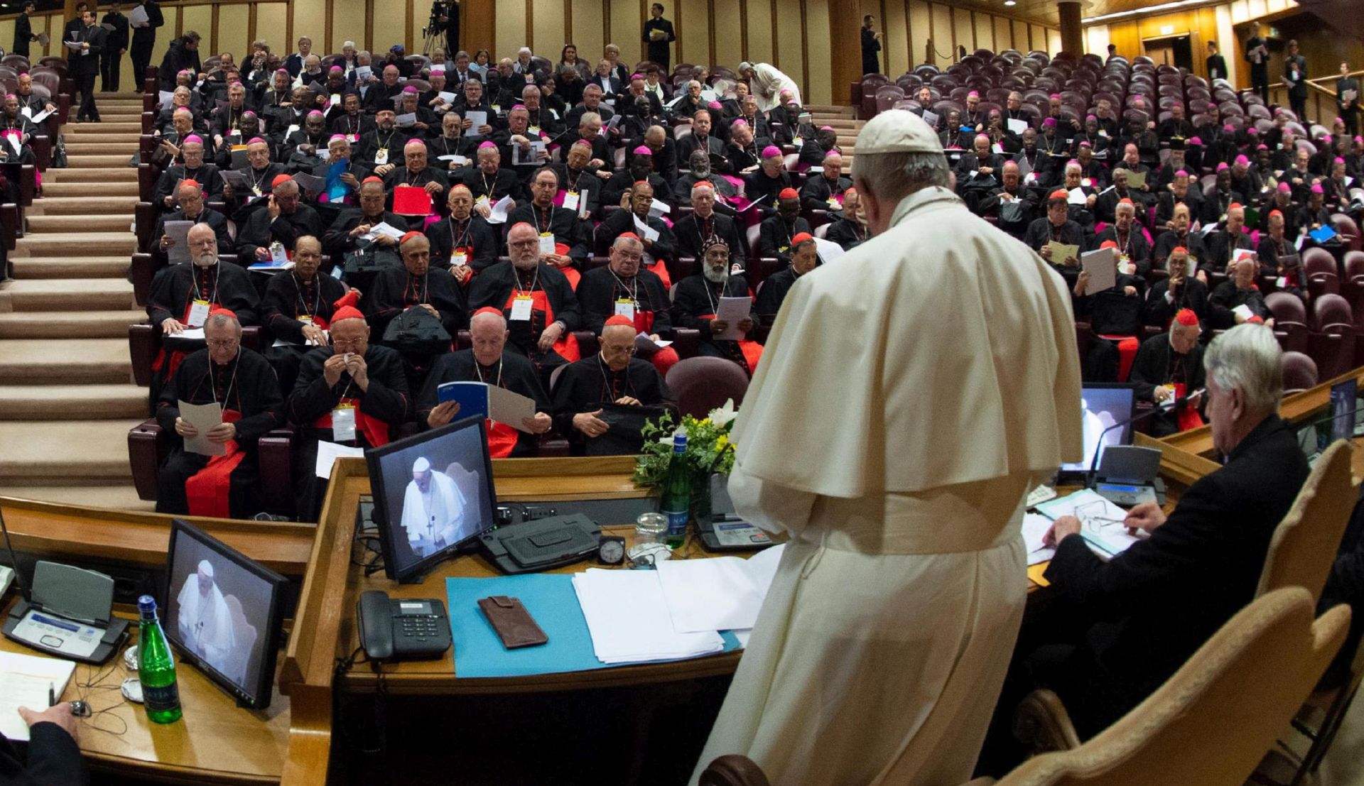epa07385153 A handout picture taken with a fish eye lens provided by the Vatican Media shows Pope Francis attending opening session of a global child protection summit for reflections on the sex abuse crisis within the Catholic Church, at the Vatican, 21 February 2019. The gathering of church leaders from around the globe is taking place amid intense scrutiny of the Catholic Church's record after new allegations of abuse and cover-up last year sparked a credibility crisis for the hierarchy.  EPA/VATICAN MEDIA HANDOUT  HANDOUT EDITORIAL USE ONLY/NO SALES