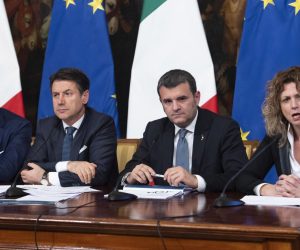 epa07401894 (L-R) Italian Environment Minister Sergio Costa, Italian Prime Minister Giuseppe Conte, Italian Agriculture Minister Gian Marco Centinaio and the Minister for the South, Barbara Lezzi, attend a press conference to launch 'protect Italy' plan at Chigi Palace in Rome, Italy, 27 February 2019. Reports state the government allocated 11 billion euros for the three-year national plan to protect land from dangers including landslides, floods and coastal erosion.  EPA/MAURIZIO BRAMBATTI