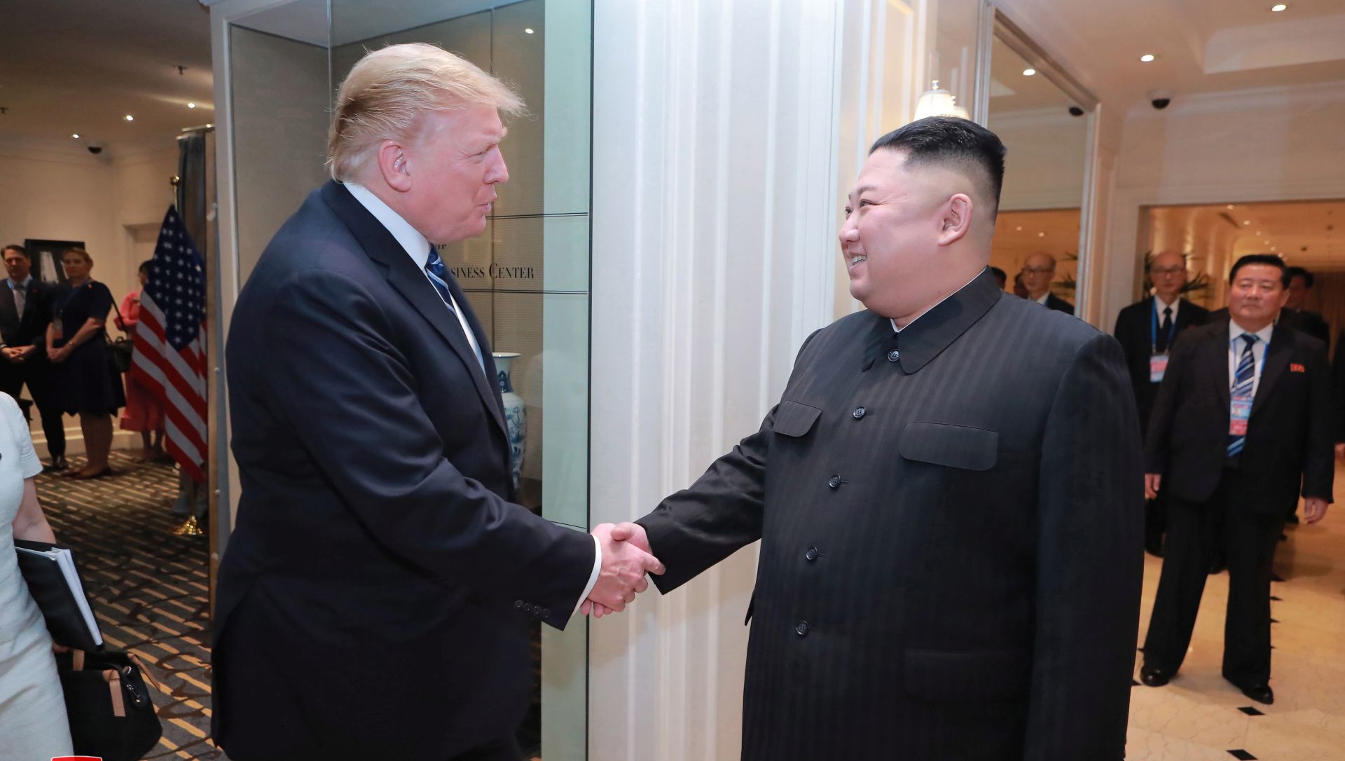 epa07405236 A photo released by the official North Korean Central News Agency (KCNA) shows North Korean leader Kim Jong Un (R) and US President Donald J. Trump (L) meeting in Hanoi, Vietnam, 28 February 2019.  The second meeting of the US President and the North Korean leader, running from 27 to 28 February 2019, focuses on furthering steps towards achieving peace and complete denuclearization of the Korean peninsula.  EPA/KCNA   EDITORIAL USE ONLY
