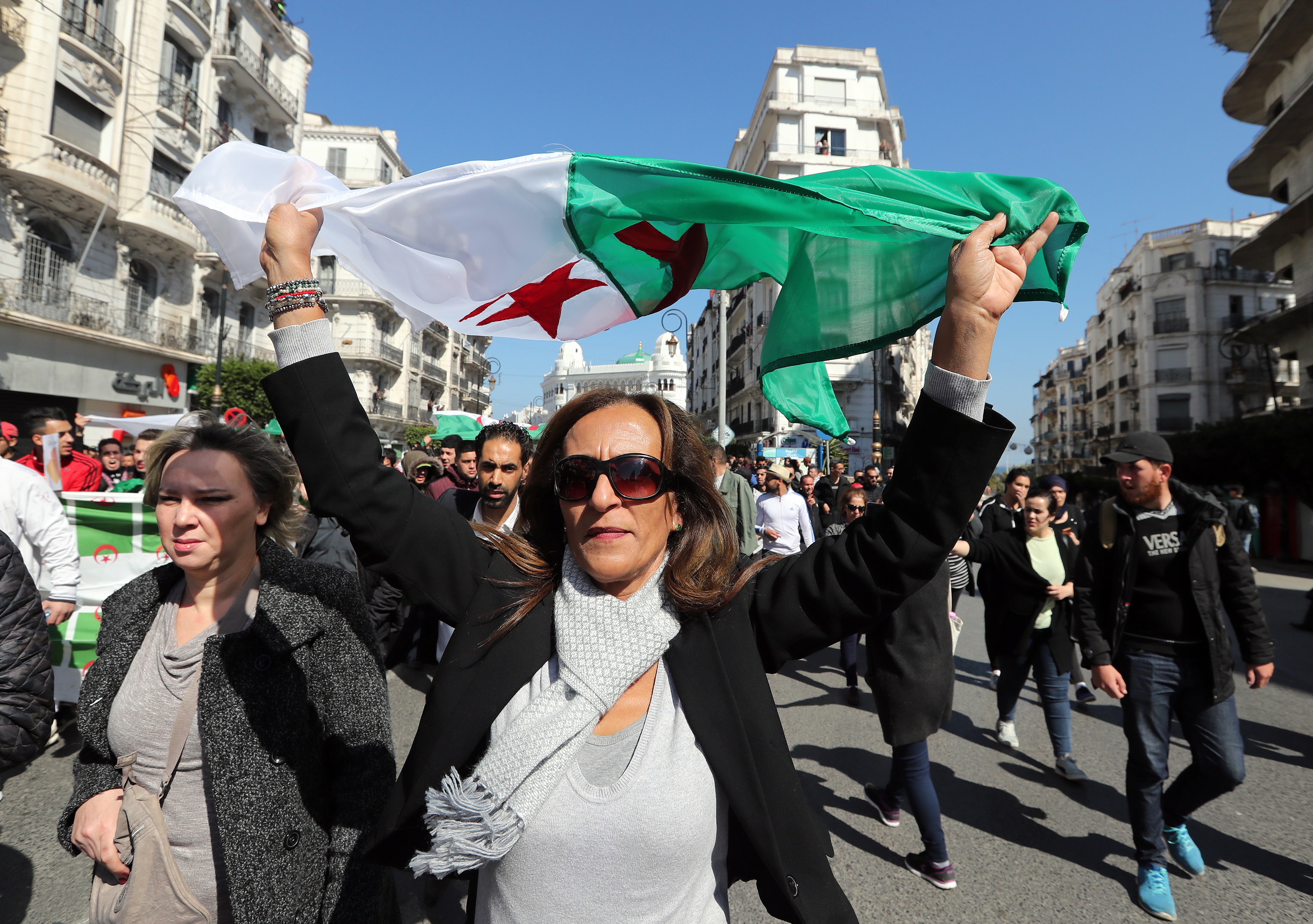 epa07406591 Algerian protesters chant slogans during a protest against the fifth term of Abdelaziz Bouteflika in Algiers, Algeria, 01 March 2019. Algerian authorities on 01 March braced for what are expected to be the largest protests in the Algerian capital in over a decade. Several protests and rallies were held in Algeria since Bouteflika serving as the president since 1999, announced he will be running for a fifth term in presidential elections scheduled for 18 April 2019.  EPA/MOHAMED MESSARA