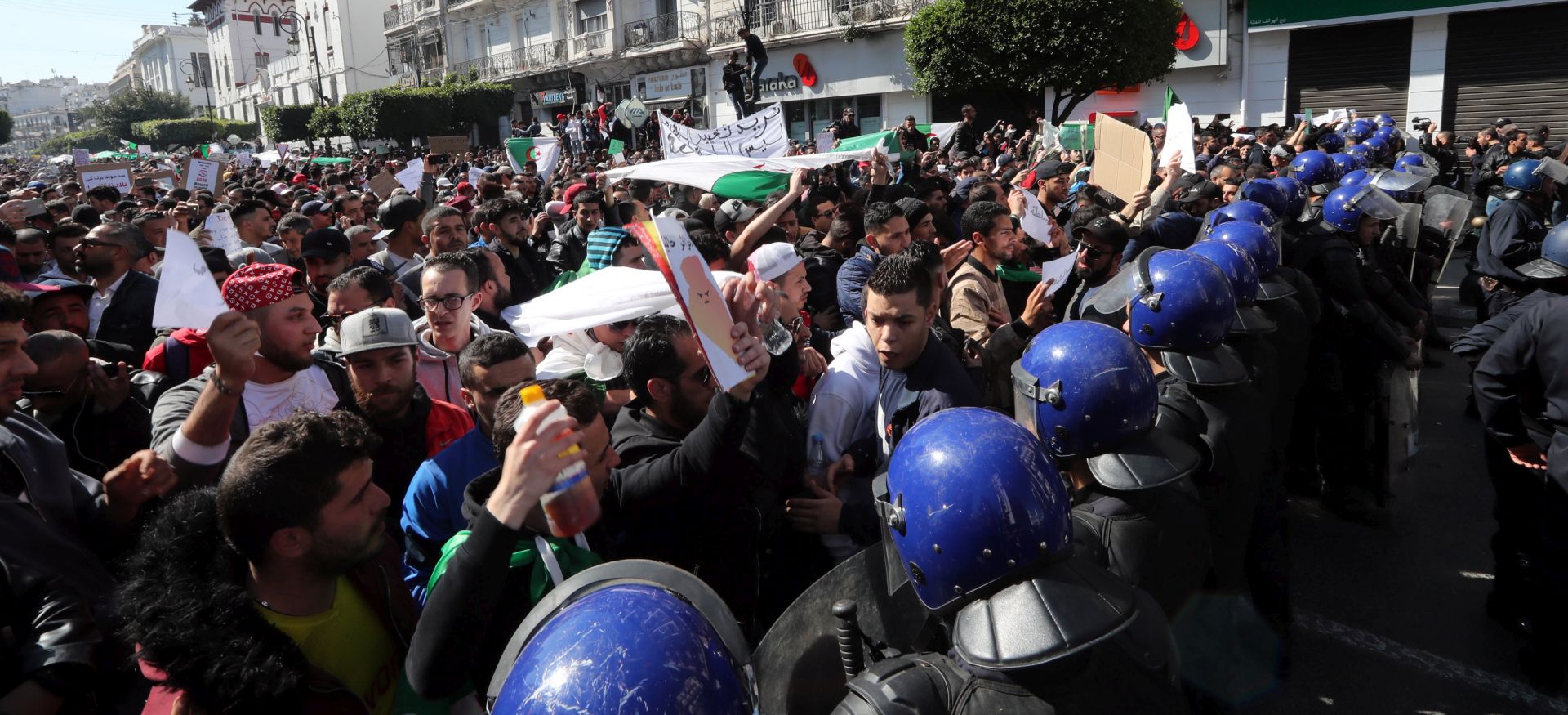 epa07406585 Algerian protesters chant slogans during a protest against the fifth term of Abdelaziz Bouteflika in Algiers, Algeria, 01 March 2019. Algerian authorities on 01 March braced for what are expected to be the largest protests in the Algerian capital in over a decade. Several protests and rallies were held in Algeria since Bouteflika serving as the president since 1999, announced he will be running for a fifth term in presidential elections scheduled for 18 April 2019.  EPA/MOHAMED MESSARA