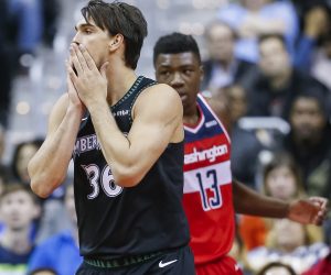 epa07412289 Minnesota Timberwolves forward Dario Saric of Croatia reacts during the second half of the NBA basketball game between the Minnesota Timberwolves and the Washington Wizards at the CapitalOne Arena in Washington, DC, USA, 03 March 2019.  EPA/ERIK S. LESSER SHUTTERSTOCK OUT