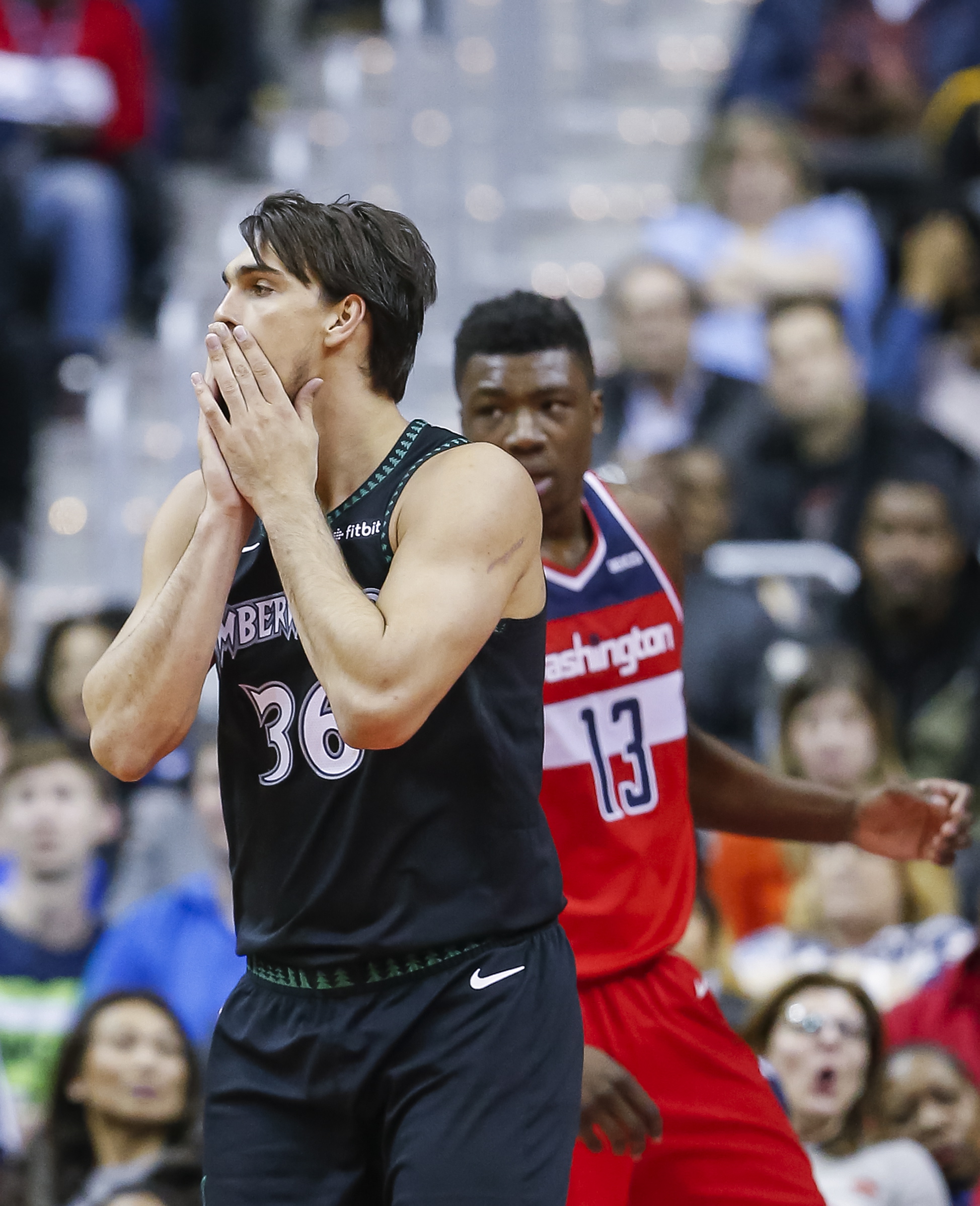 epa07412289 Minnesota Timberwolves forward Dario Saric of Croatia reacts during the second half of the NBA basketball game between the Minnesota Timberwolves and the Washington Wizards at the CapitalOne Arena in Washington, DC, USA, 03 March 2019.  EPA/ERIK S. LESSER SHUTTERSTOCK OUT