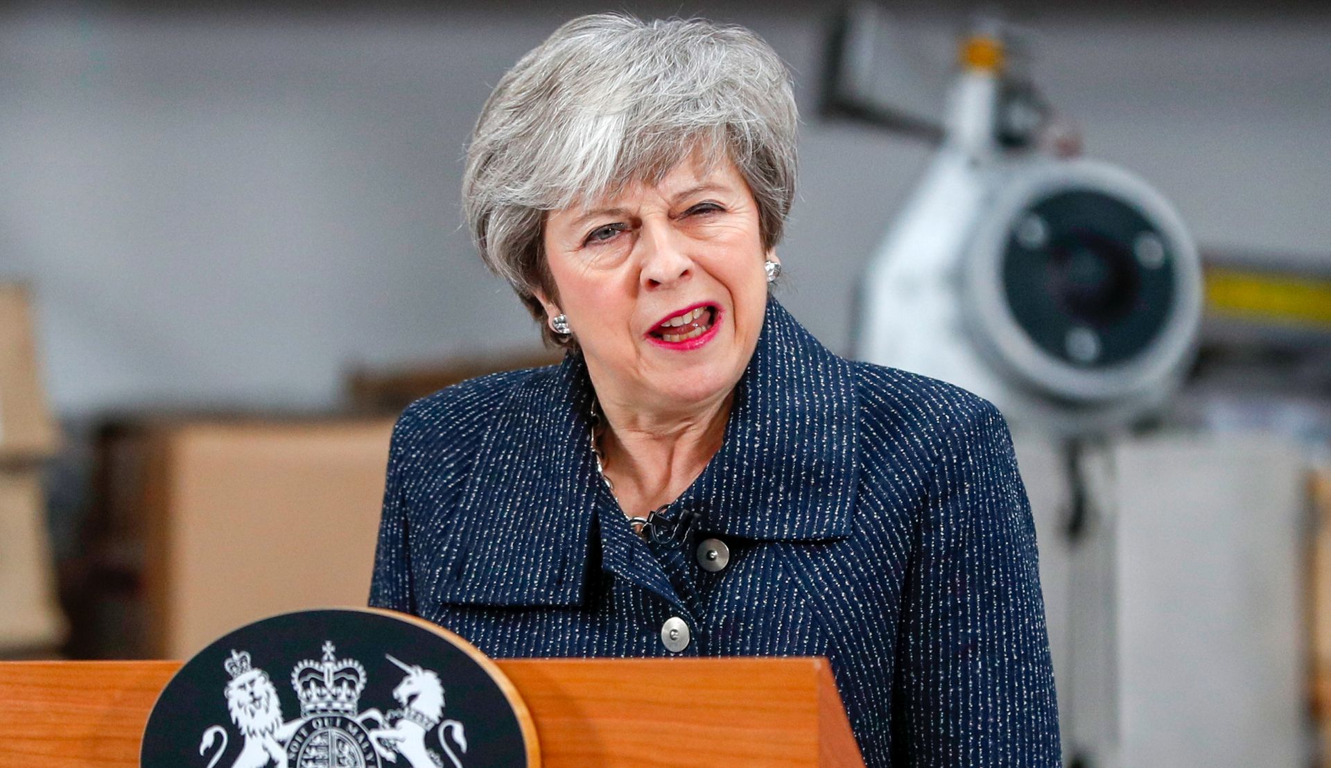 epa07422272 British Prime Minister Theresa May gives a speech at Orsted A/S manufacturing facility in Grimsby, Britain, 08 March 2019. May appealed to members of Parliament to back her deal or risk seeing Brexit canceled, as she urged the European Union to help come up with a compromise.  EPA/Darren Staples / POOL