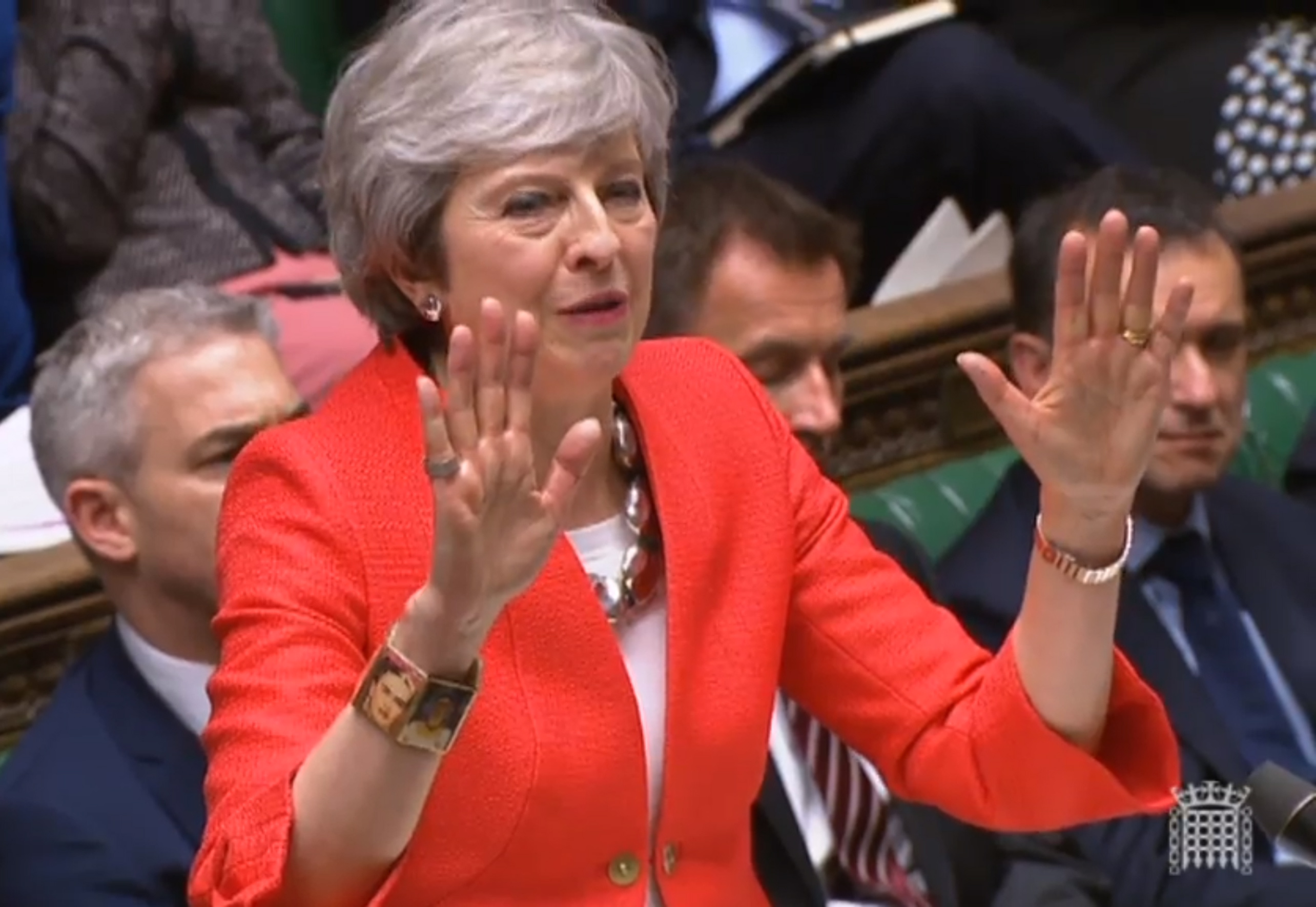 epa07431418 A grab from a handout video made available by the UK Parliamentary Recording Unit shows British Prime Minister Theresa May gestures during a debate at the House of Commons parliament in London, Britain, 12 March 2019. British parliament will vote on British Prime Minister May's amended Brexit deal later in the day. Theresa May wants parliament to back her 'improved' withdrawalk agreement she has negotiated with the EU over the so-called 'backstop'. The United Kingdom is officially due to leave the European Union on 29 March 2019, two years after triggering Article 50 in consequence to a referendum.  EPA/UK PARLIAMENTARY RECORDING UNIT / HANDOUT MANDATORY CREDIT: UK PARLIAMENTARY RECORDING UNIT HANDOUT EDITORIAL USE ONLY/NO SALES