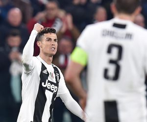 epa07432340 Juventus' Cristiano Ronaldo celebrates scoring the 1-0 lead during the UEFA Champions League round of 16 second leg soccer match between Juventus FC and Club Atletico de Madrid at the Allianz Stadium in Turin, Italy, 12 March 2019.  EPA/ALESSANDRO DI MARCO