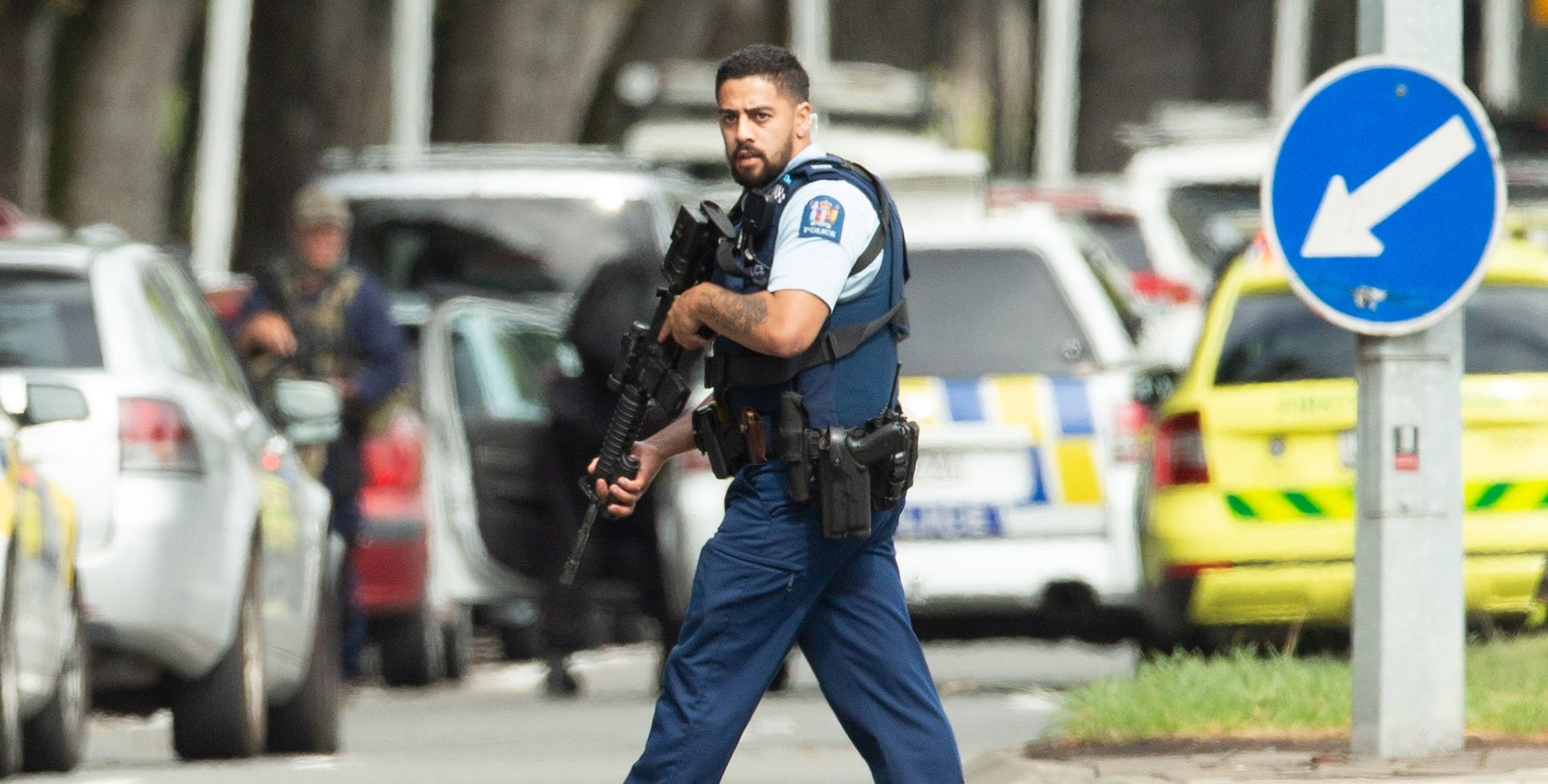 epa07438401 Armed police patrol following a shooting resulting in multiply fatalies and injuries at the Masjid Al Noor on Deans Avenue in Christchurch, New Zealand, 15 March 2019. According to media reports on 15 March 2019, at least one gunman opened fire at around 1:40 pm local time after walking into the Masjid Al Noor Mosque, killing and wounding several of people. Armed police officers were deployed to the scene, along with emergency service personnel. There are also confirmed reports of a shooting at a second mosque in Christchurch, and both incidents have left at least 40 people dead and more than 20 people seriously wounded. Four people are in custody in connection with the shootings.  EPA/Martin Hunter NEW ZEALAND OUT