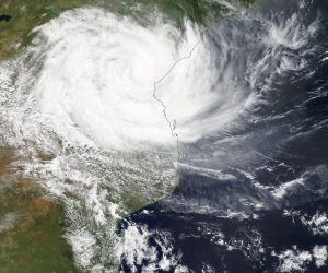 epa07439646 A handout photo made available by the NASA shows a Terra/MODIS satellite image of cyclone Idai as it hits Mozambique, 15 March 2019. Cyclone Idai made landfall in Mozambique.  EPA/NASA WORLDVIEW / HANDOUT  HANDOUT EDITORIAL USE ONLY/NO SALES