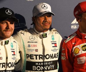 epa07441481 (L-R) Valtteri Bottas of Finland, Lewis Hamilton of Great Britain and Sebastian Vettel of Germany are seen after qualifying first, second and third respectivley after the qualifying session for the 2019 Formula One Grand Prix of Australia at the Albert Park Grand Prix Circuit in Melbourne, Australia, 16 March 2019. The 2019 Formula One Grand Prix of Australia will take place on 17 March 2019.  EPA/JULIAN SMITH AUSTRALIA AND NEW ZEALAND OUT
