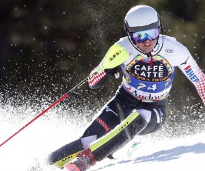 epa07444404 Elias Kolega of Croatia in action during the first run of the Men's Slalom at the FIS Alpine Skiing World Cup finals in Soldeu - El Tarter, Andorra, 17 March 2019.  EPA/GUILLAUME HORCAJUELO