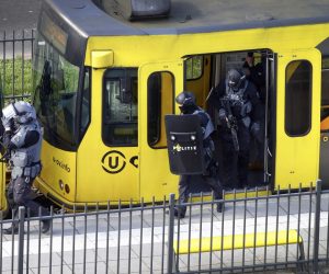 epa07446633 Special Police Forces inspect a tram, after the attack on a tram at the 24 Oktoberplace in Utrecht, The Netherlands, 18 March 2019. According to the the Dutch Police, several people have been injured in a shooting on a tram in the central Dutch city of Utrecht. The perpetrator is still at large.  EPA/RICARDO SMIT