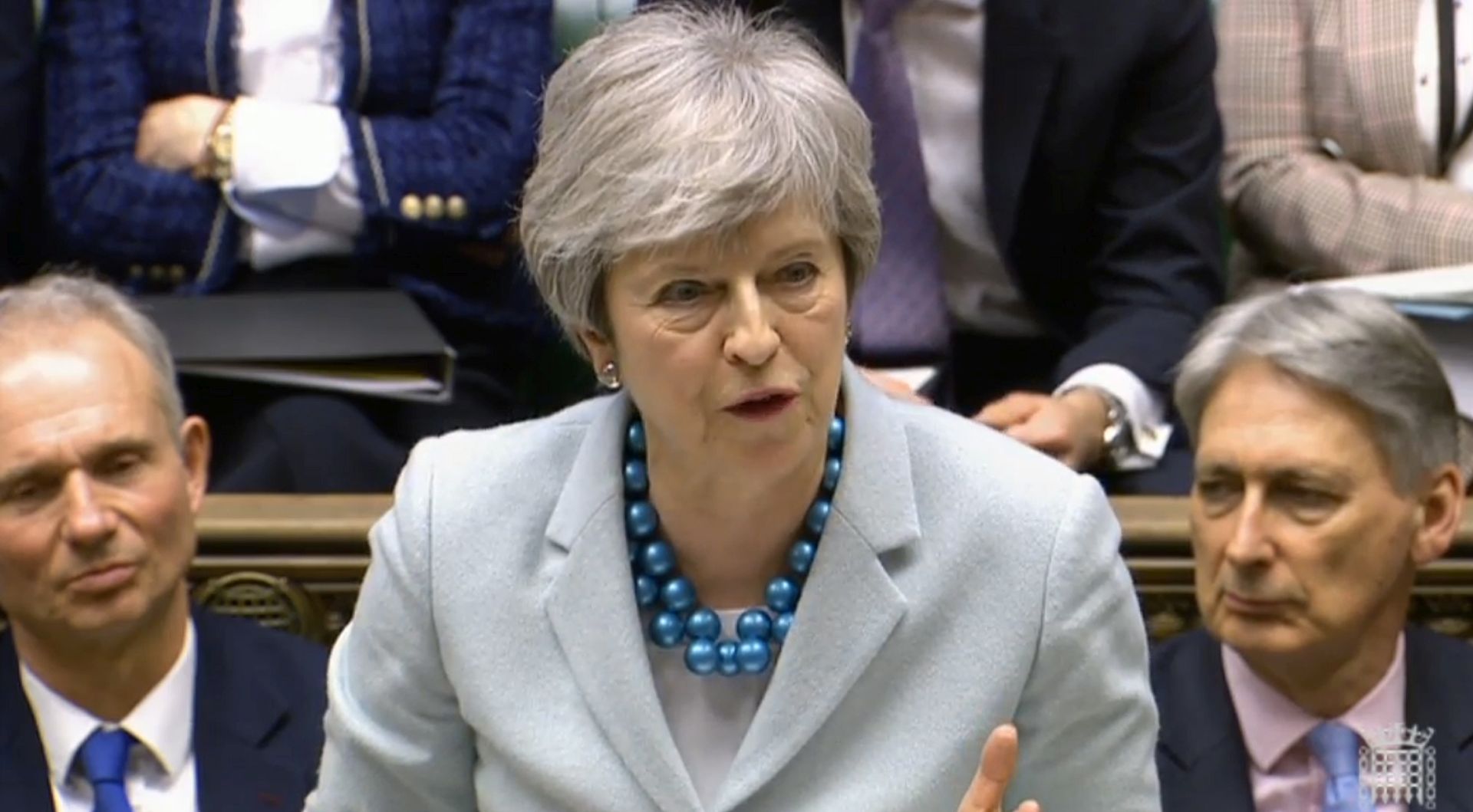 epa07462685 A grab from a handout video made available by the UK Parliamentary Recording Unit shows British Prime Minister Theresa May making a statement on Brexit to the British House of Commons, in Westminster, central London, Britain, 25 March 2019. Reports state that Theresa May updated ministers on her Brexit strategy at a meeting of her cabinet earlier in the day which comes as the EU announced that its preparation for a no-deal scenario has been completed. Members of Parliament are expected to vote on a series of alternatives to the Prime Minister's Brexit deal.  EPA/UK PARLIAMENTARY RECORDING UNIT / HANDOUT MANDATORY CREDIT: UK PARLIAMENTARY RECORDING UNIT HANDOUT EDITORIAL USE ONLY/NO SALES