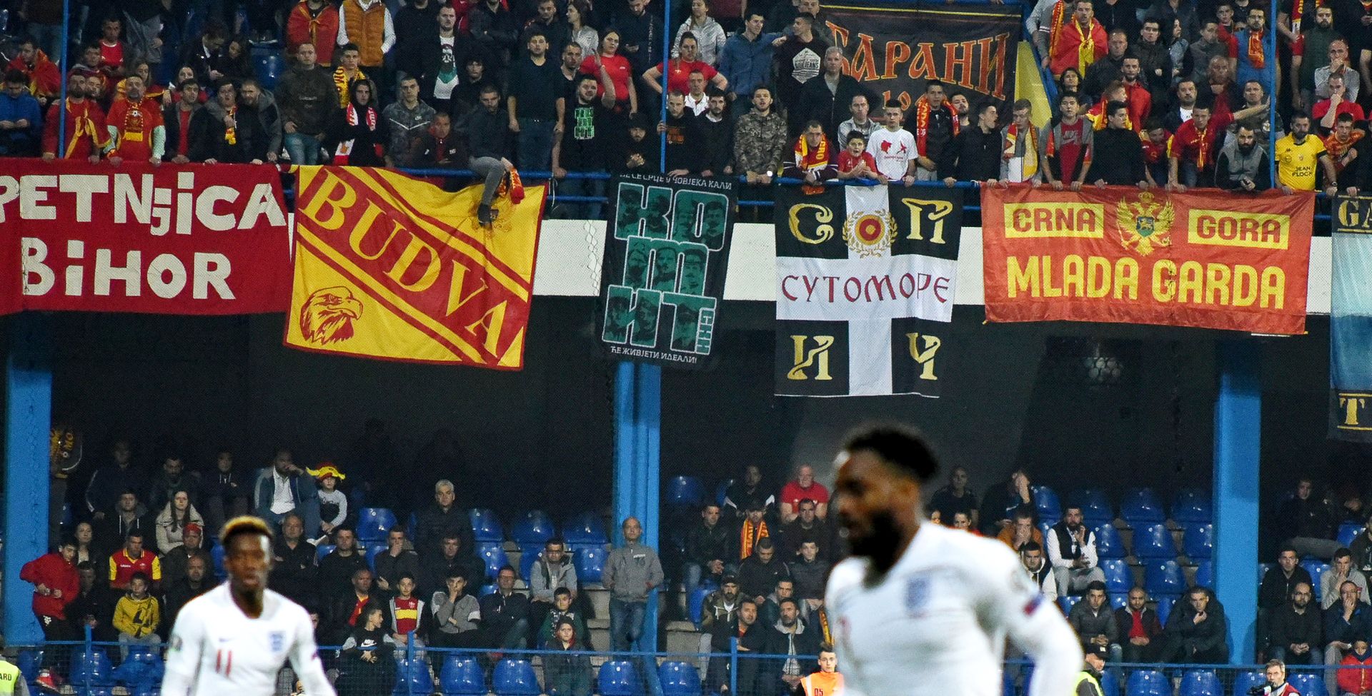 epa07464212 Montenegro supporters attend the UEFA EURO 2020 qualifying soccer match between Montenegro and England in Podgorica, Montenegro, 25 March 2019 (issued 26 March 2019). The UEFA is set to launch an investigation on racist chanting against England players during the match, after a formal complaint was lodged by England following their 5-1 win in Podgorica, reports claimed on 26 March 2019.  EPA/BORIS PEJOVIC
