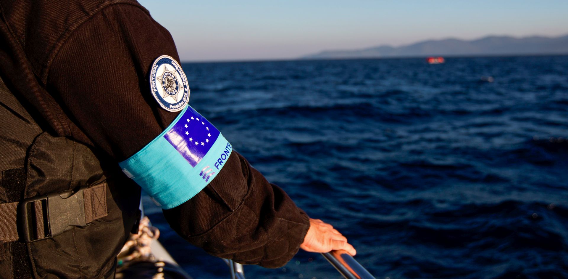 Portuguese police officers, representatives of the EU's border management agency Frontex, during on a patrol on board in Greek island of Lesbos on November 20, 2015.